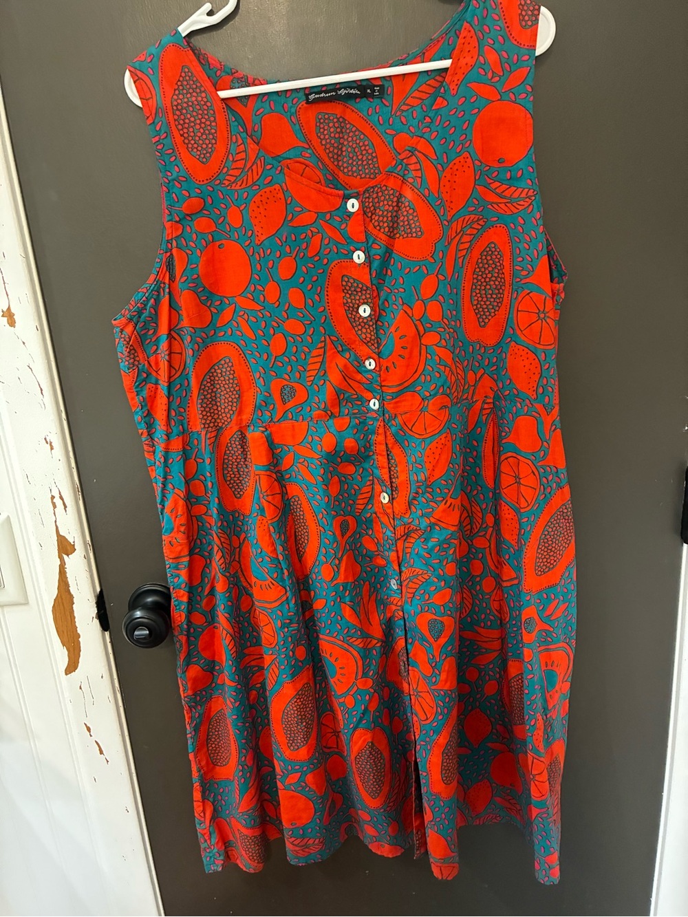 GUDRUN SJODEN bright Teal & Red Sleeveless Mini Dress with Bold Botanical Print